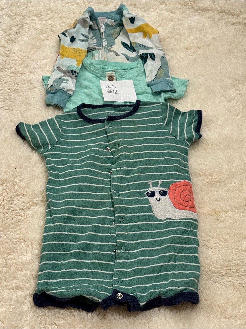 The Children's Place Green Striped Romper with Snail Applique
